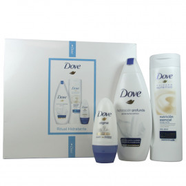 Dove pack moisturizing bath gel 250 ml. + body milk 250 ml. + roll-on 50 ml.