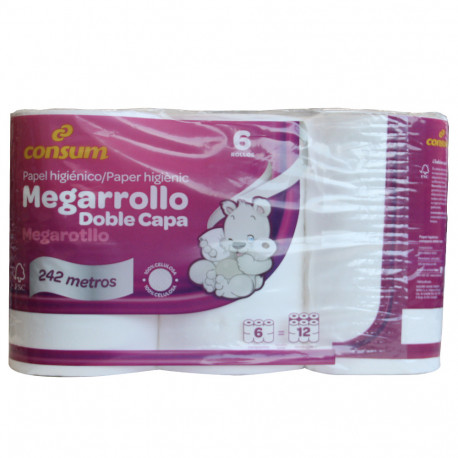 Consum papel higiénico 6 u. Megarrollo doble capa.