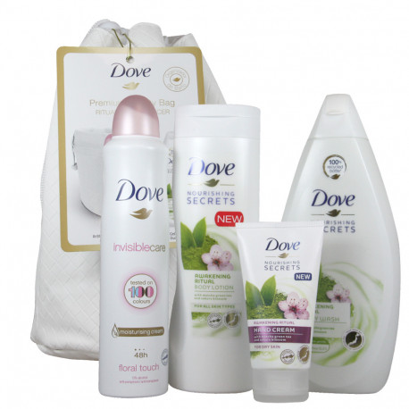 Dove toiletry bag gel 500 ml. + body lotion 400 ml. + hand cream 75 ml. + deodorant 250 ml. Ritual de amanecer.