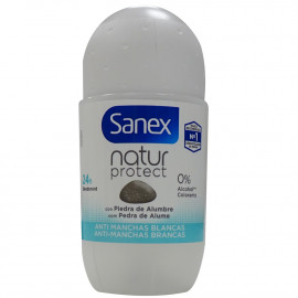 Sanex desodorante roll-on 50 ml. Natur protect con piedra de alumbre anti manchas blancas.