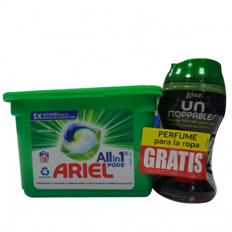 Ariel detergent in tabs all in one 18 u. + lenor pearls.