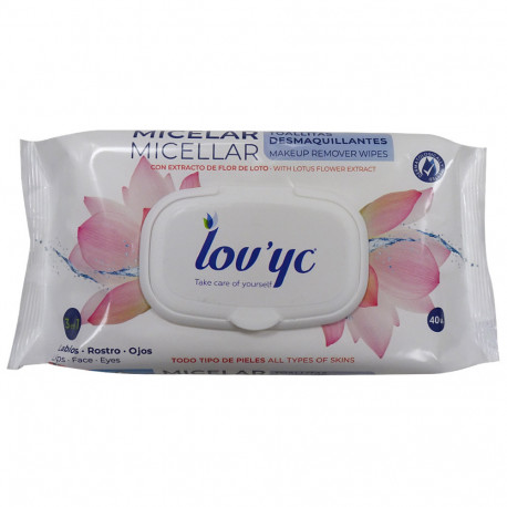 Lov'yc micellar wipes make-up removers 40 u. 3 in 1 micellar with Lotus flower extract.
