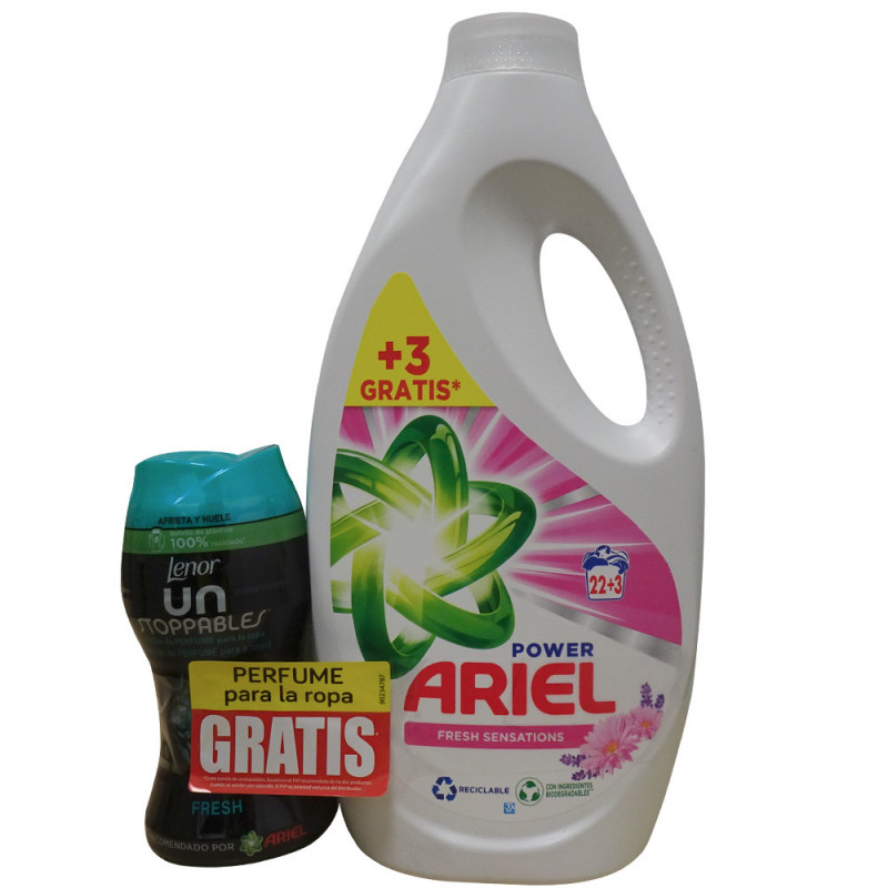 Ariel detergente en gel 22+3 dosis fresh sensations + lenor perlas 140 gr.  - Tarraco Import Export