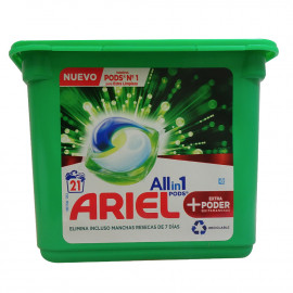 Ariel detergent in tabs all in one 21 dose. Extra anti-stain power.