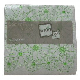 Carrefour napkins. 33x33 cm. 2 layers. Green flowers.