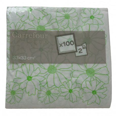 Carrefour napkins. 33x33 cm. 2 layers. Green flowers.