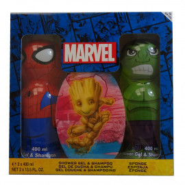 Spider-Man y Hulk pack gel 2 en 1 2X400 ml. + Groot esponja.