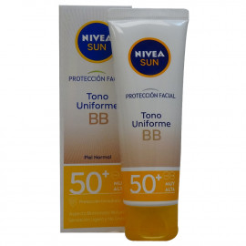 Nivea Sun leche solar 50 ml. Protección facial 50+ BB cream con color.