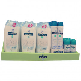 Palmolive expositor gel 750 ml. + desodorante spray 200 ml. + desodorante roll-on 50 ml.