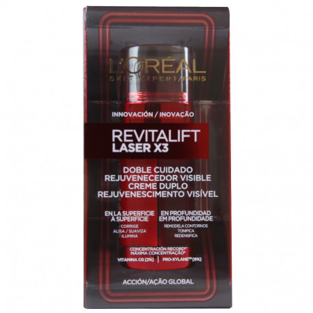 L'Oréal Revitalift Laser X3 crema 48 ml. Doble cuidado, rejuvenecedor visible y crema duplo.
