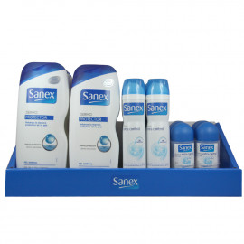 Sanex display 18 u. 6 u. Sanex gel de ducha 600 ml. Piel normal. + 6 u. desodorante spray 200 ml. + 6 u. roll-on 50 ml.