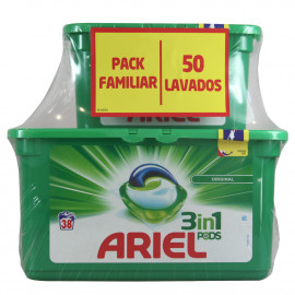 Ariel detergente en cápsulas 3 en 1. Pack 38+12 u. Regular 1026+324 gr.