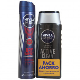 Nivea pack Men champú 250 ml. Active Clean + Nivea desodorante spray 200 ml. Dry impact.