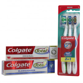 Colgate caja mixta cepillo de dientes 2+1 + Pasta de dientes 75 ml. Total blanqueador y Original.