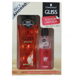 Gliss pack champú 250 ml. Oil-in cuidado medio + Elixir bifásico 100 ml. Con protección UV.