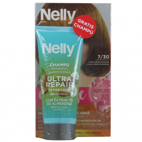 Nelly Creme intense tinte. 7/30 rubio medio dorado + Champú Ultra repair 100 ml. con extracto de almendra.