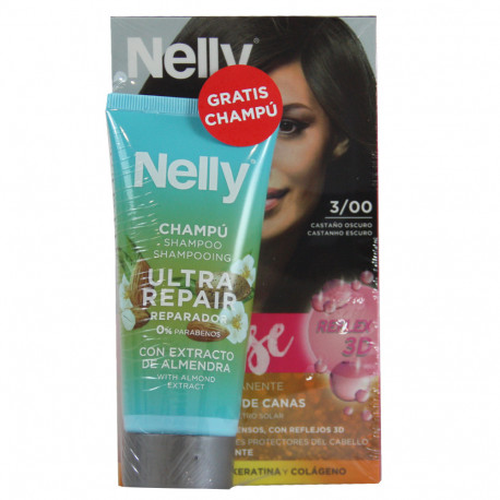 Nelly Creme intense tinte. 3/00 Castaño oscuro + Champú Ultra repair 100 ml. con extracto de almendra.