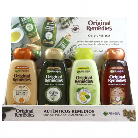 Garnier Original Remedies shampoo display 12 u. Olive, clay, honey and coconut.