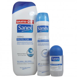 Sanex 18 u. Caja mixta gel de ducha 600 ml + 150 ml. Desodorante spray 200 ml. Desodorante roll-on 50 ml.