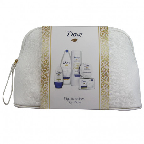 Dove toiletry bag + body lotion + roll-on + soap + body milk.