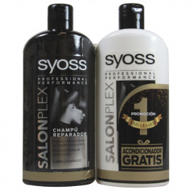 Syoss champú 500 ml. + acondicionador 500 ml. Salon Plex cabello dañado.